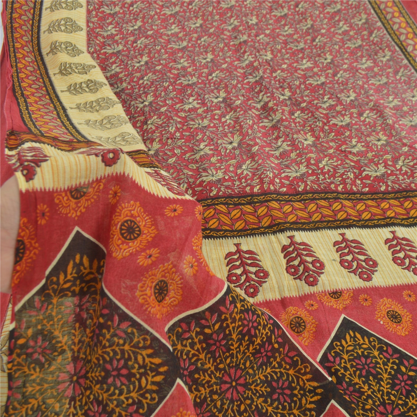 Sanskriti Vintage Sarees Indian Dark Red Pure Cotton Print Sari 5yd Craft Sustainable Fabric
