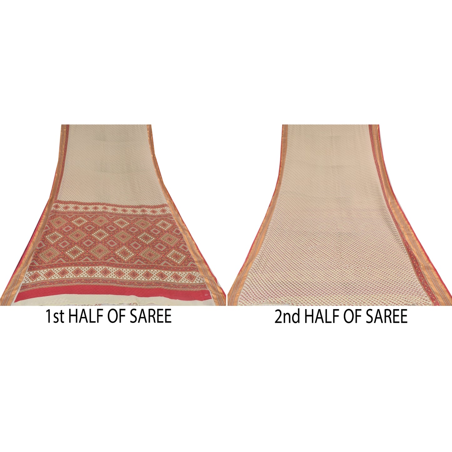 Sanskriti Vintage Sarees Indian Ivory/Red Pure Cotton Printed Sari Craft Fabric