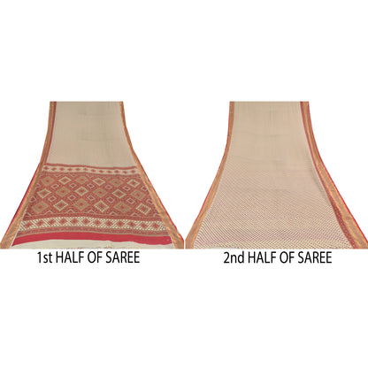Sanskriti Vintage Sarees Indian Ivory/Red Pure Cotton Printed Sari Craft Fabric