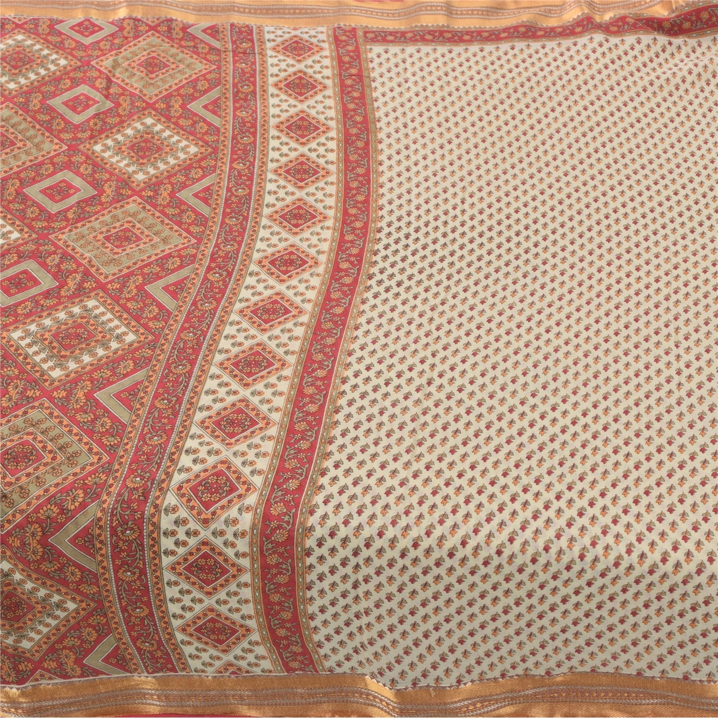 Sanskriti Vintage Sarees Indian Ivory/Red Pure Cotton Printed Sari Craft Fabric