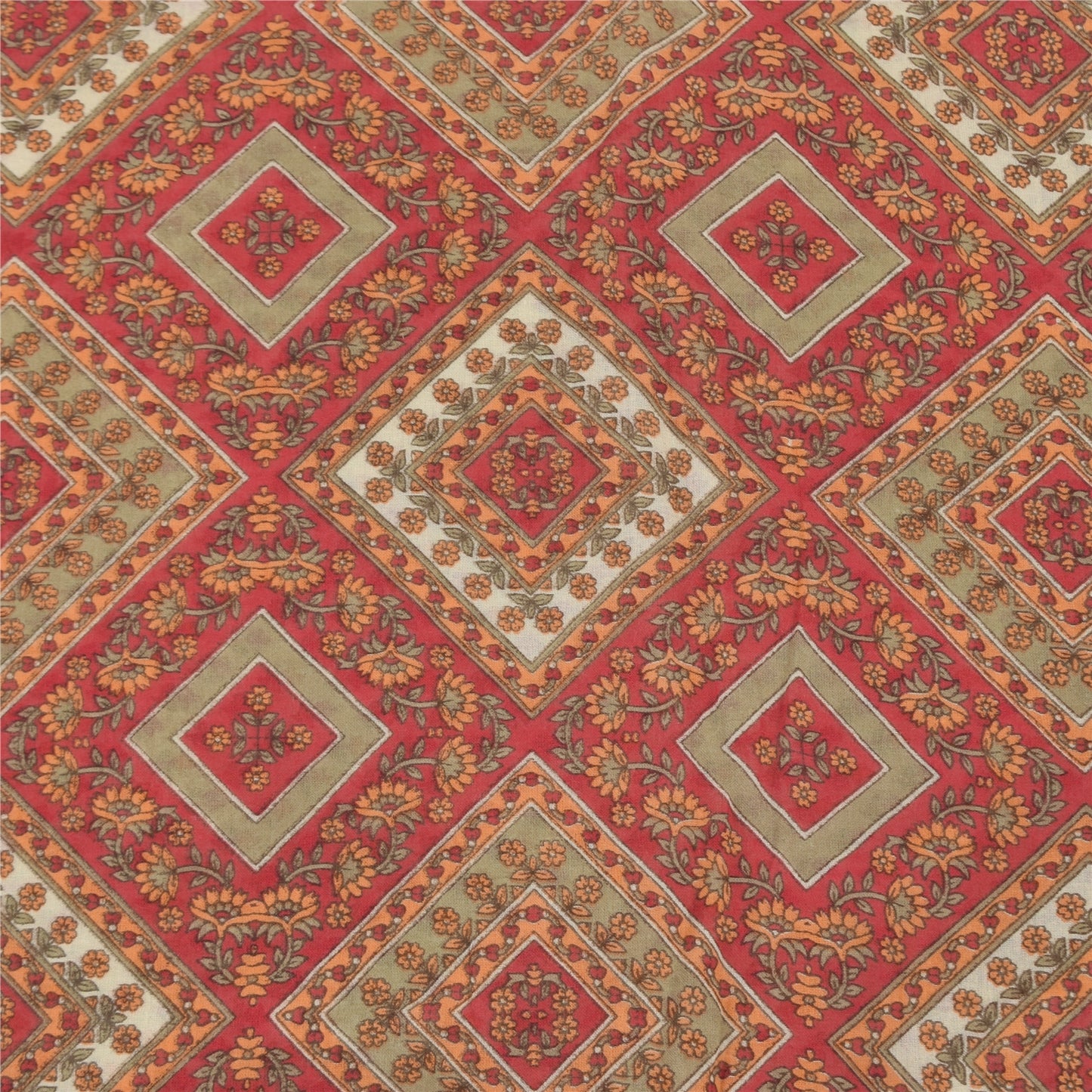 Sanskriti Vintage Sarees Indian Ivory/Red Pure Cotton Printed Sari Craft Fabric