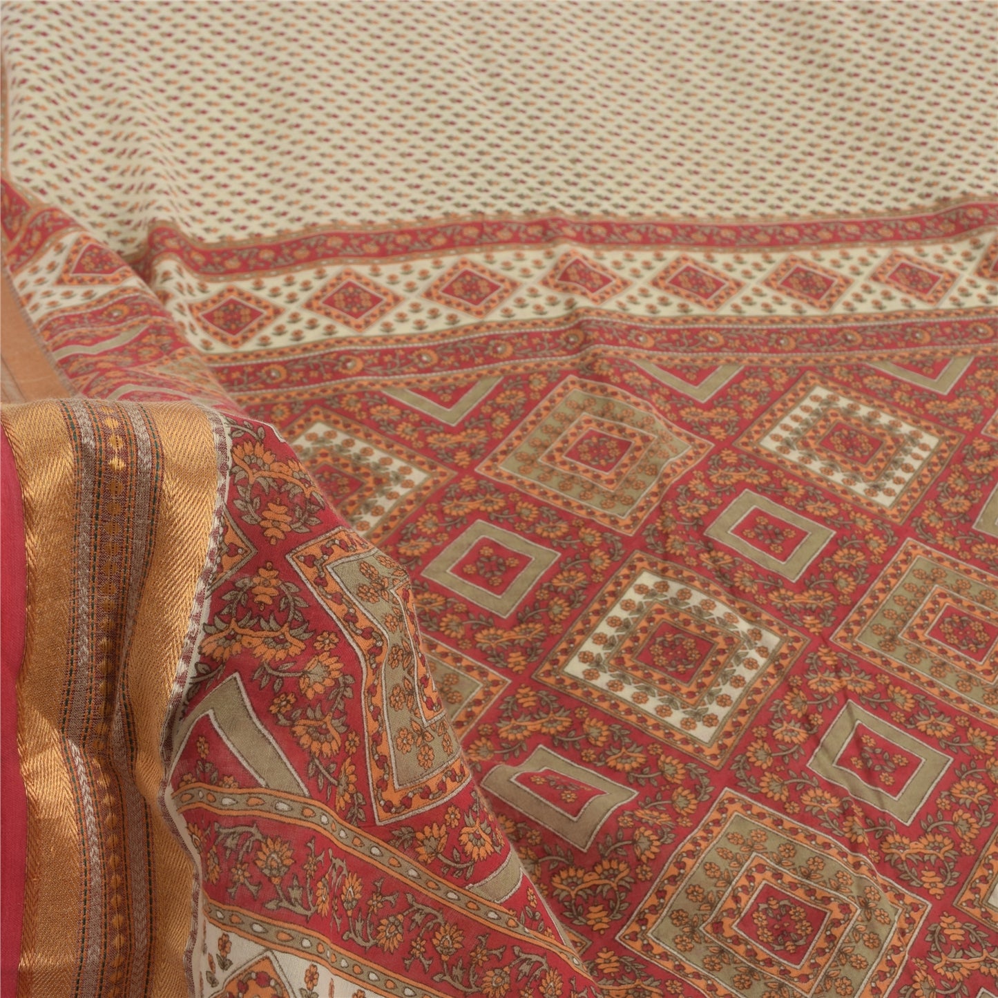 Sanskriti Vintage Sarees Indian Ivory/Red Pure Cotton Printed Sari Craft Fabric