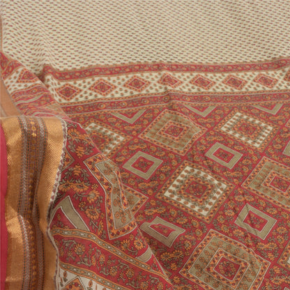 Sanskriti Vintage Sarees Indian Ivory/Red Pure Cotton Printed Sari Craft Fabric