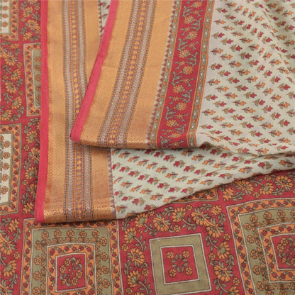 Sanskriti Vintage Sarees Indian Ivory/Red Pure Cotton Printed Sari Craft Fabric