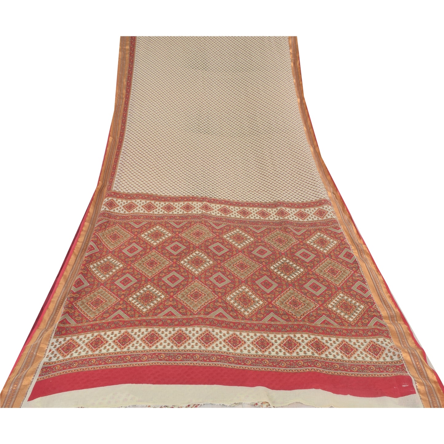 Sanskriti Vintage Sarees Indian Ivory/Red Pure Cotton Printed Sari Craft Fabric