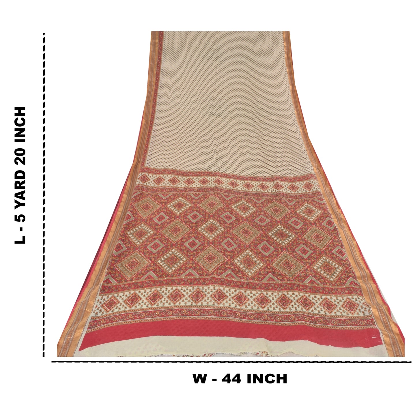 Sanskriti Vintage Sarees Indian Ivory/Red Pure Cotton Printed Sari Craft Fabric