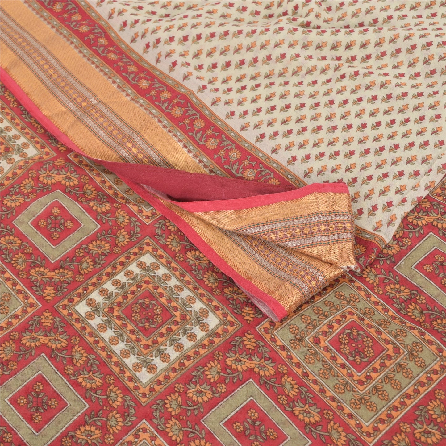 Sanskriti Vintage Sarees Indian Ivory/Red Pure Cotton Printed Sari Craft Fabric