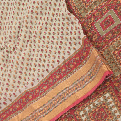 Sanskriti Vintage Sarees Indian Ivory/Red Pure Cotton Printed Sari Craft Fabric