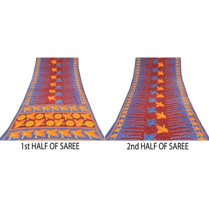 Sanskriti Vintage Sarees From India Red Pure Cotton Print Sari 5yd Craft Sustainable Fabric