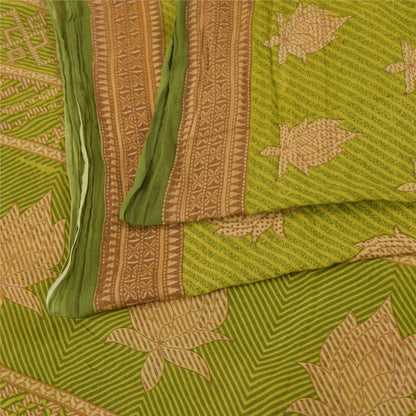 Sanskriti Vintage Sarees Green/Brown Pure Cotton Printed Sari 5yd Craft Sustainable Fabric