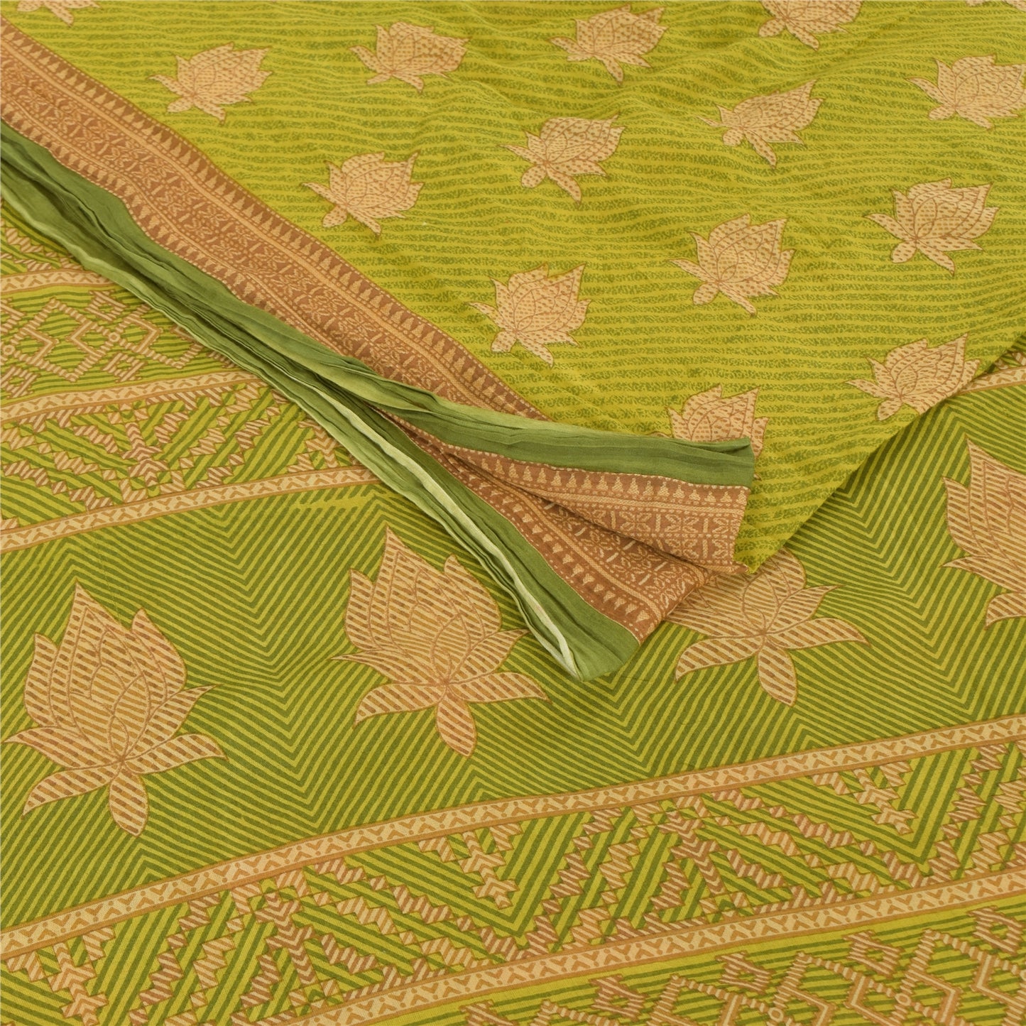 Sanskriti Vintage Sarees Green/Brown Pure Cotton Printed Sari 5yd Craft Sustainable Fabric