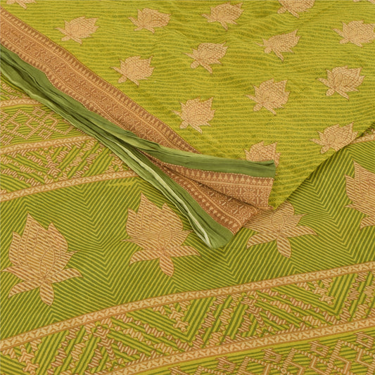 Sanskriti Vintage Sarees Green/Brown Pure Cotton Printed Sari 5yd Craft Sustainable Fabric