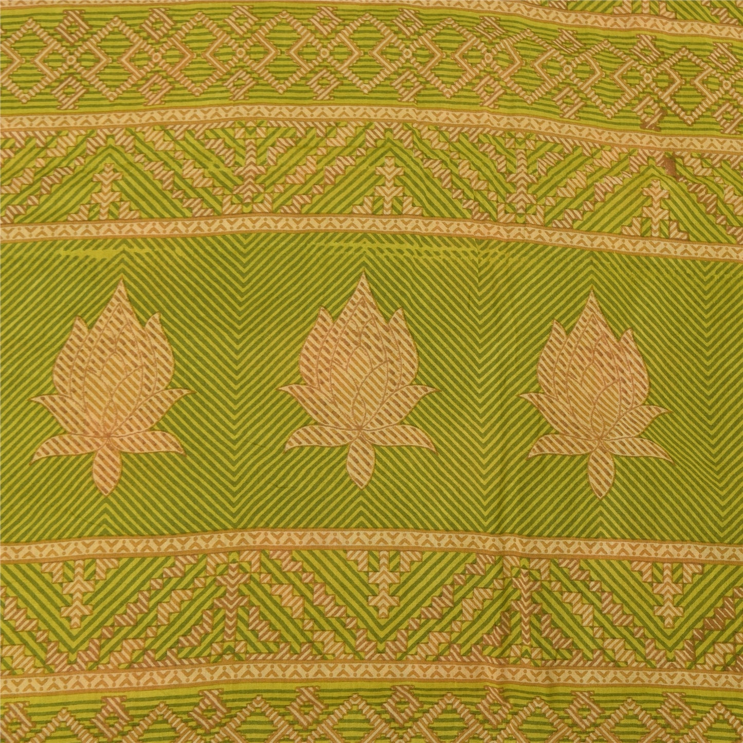 Sanskriti Vintage Sarees Green/Brown Pure Cotton Printed Sari 5yd Craft Sustainable Fabric