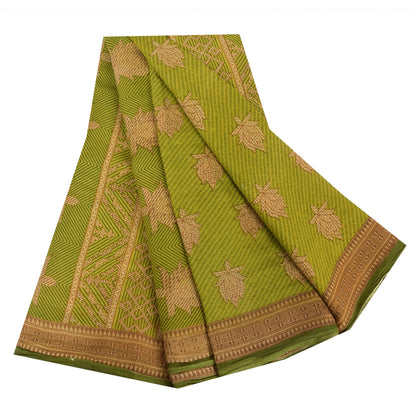 Sanskriti Vintage Sarees Green/Brown Pure Cotton Printed Sari 5yd Craft Sustainable Fabric