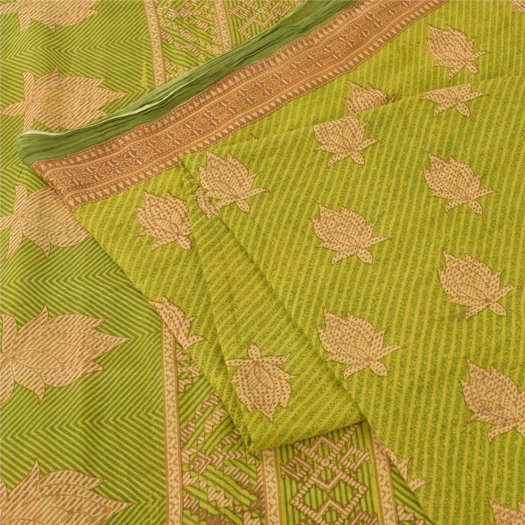 Sanskriti Vintage Sarees Green/Brown Pure Cotton Printed Sari 5yd Craft Sustainable Fabric