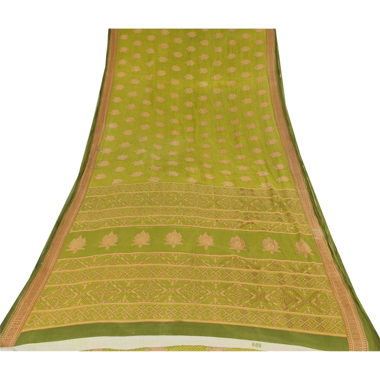 Sanskriti Vintage Sarees Green/Brown Pure Cotton Printed Sari 5yd Craft Sustainable Fabric