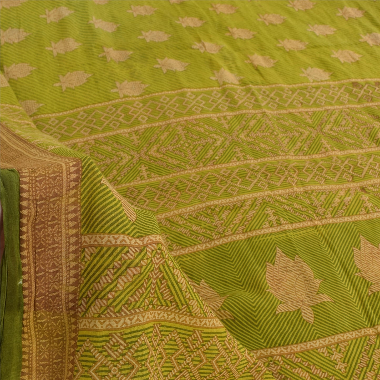 Sanskriti Vintage Sarees Green/Brown Pure Cotton Printed Sari 5yd Craft Sustainable Fabric