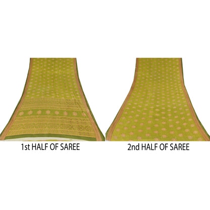 Sanskriti Vintage Sarees Green/Brown Pure Cotton Printed Sari 5yd Craft Sustainable Fabric