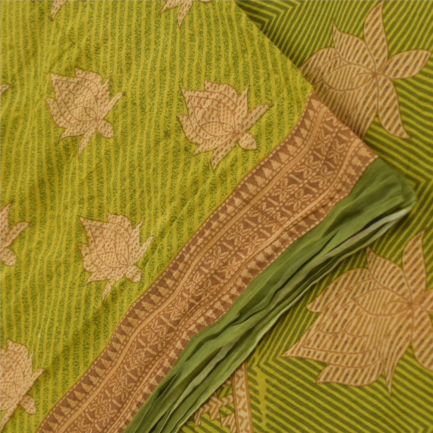 Sanskriti Vintage Sarees Green/Brown Pure Cotton Printed Sari 5yd Craft Sustainable Fabric