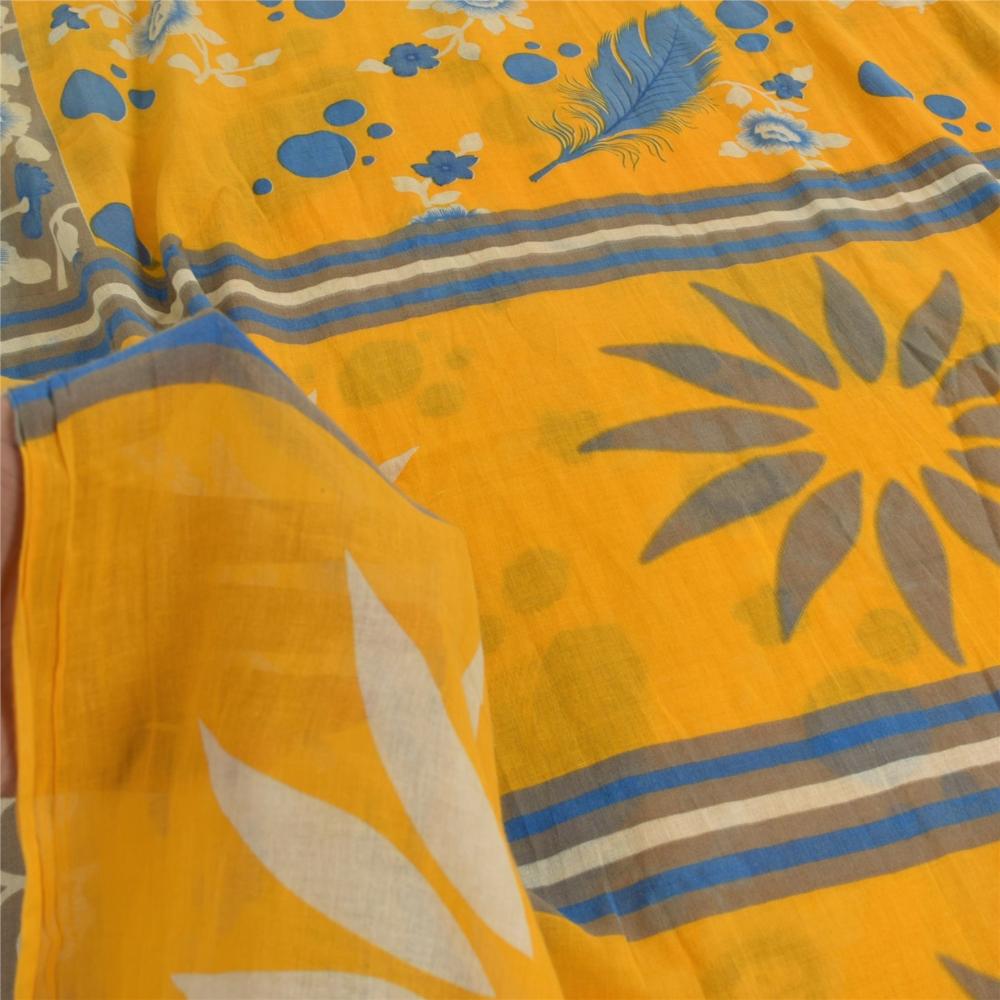 Sanskriti Vintage Sarees Yellow/Blue Pure Cotton Printed Sari 5yd Craft Sustainable Fabric