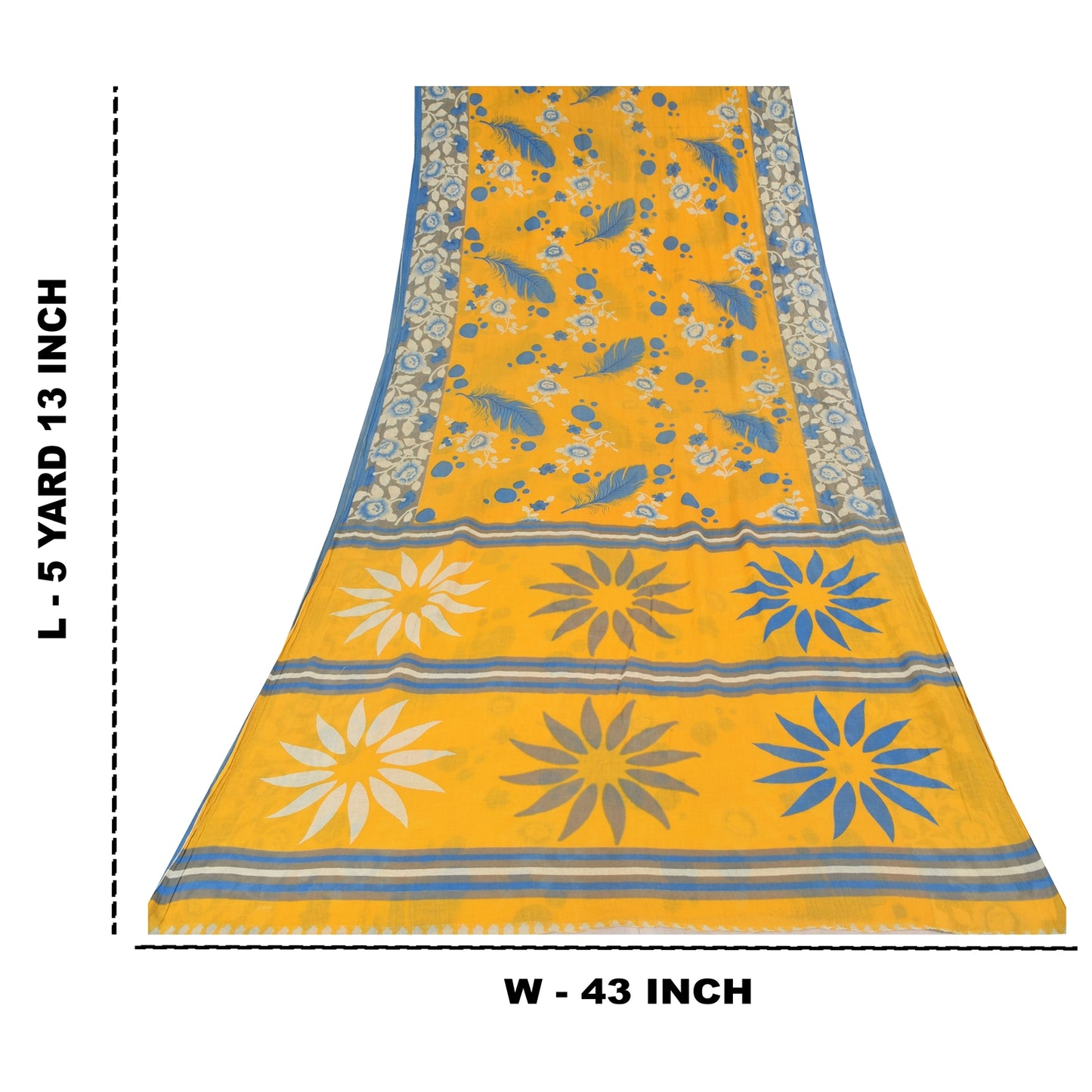 Sanskriti Vintage Sarees Yellow/Blue Pure Cotton Printed Sari 5yd Craft Sustainable Fabric