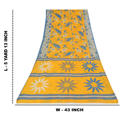 Sanskriti Vintage Sarees Yellow/Blue Pure Cotton Printed Sari 5yd Craft Sustainable Fabric