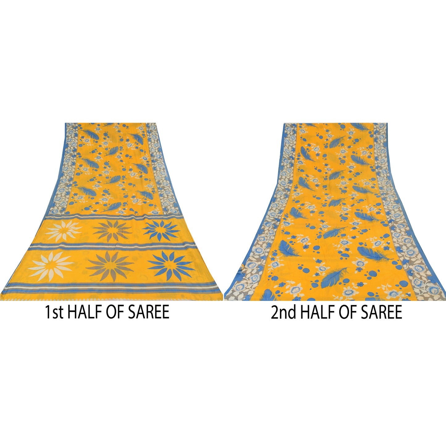 Sanskriti Vintage Sarees Yellow/Blue Pure Cotton Printed Sari 5yd Craft Sustainable Fabric