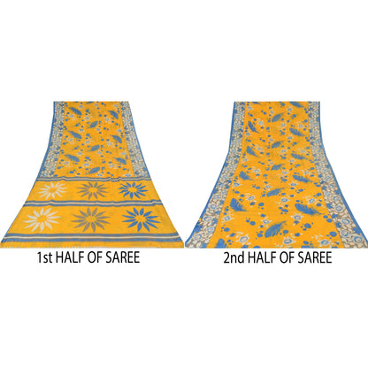 Sanskriti Vintage Sarees Yellow/Blue Pure Cotton Printed Sari 5yd Craft Sustainable Fabric