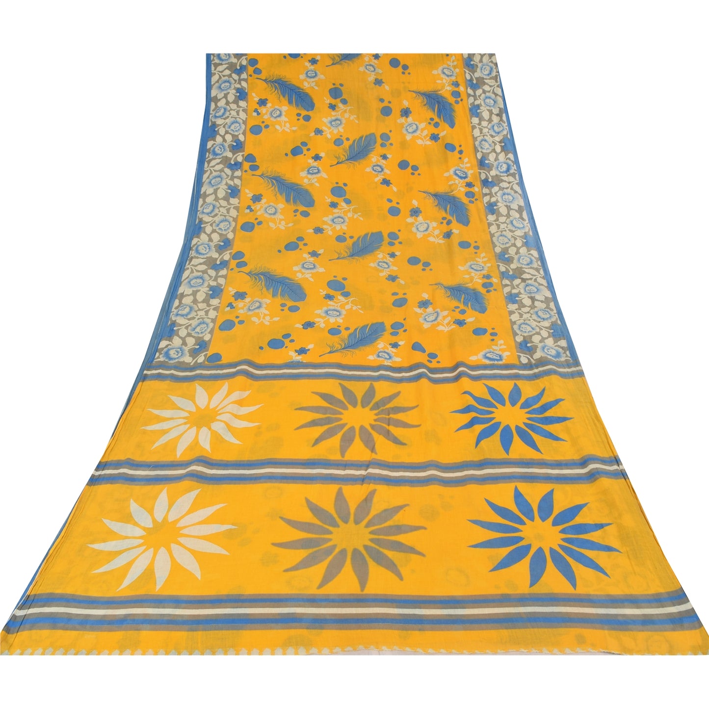 Sanskriti Vintage Sarees Yellow/Blue Pure Cotton Printed Sari 5yd Craft Sustainable Fabric