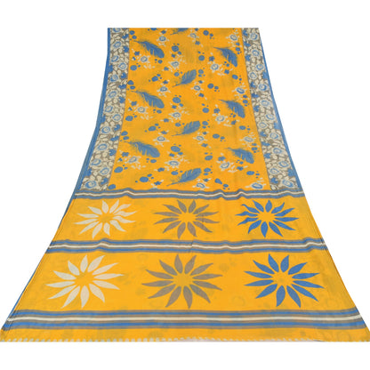 Sanskriti Vintage Sarees Yellow/Blue Pure Cotton Printed Sari 5yd Craft Sustainable Fabric
