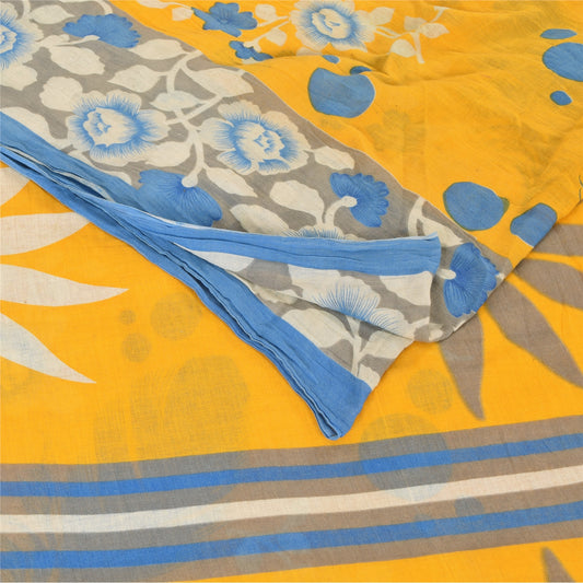 Sanskriti Vintage Sarees Yellow/Blue Pure Cotton Printed Sari 5yd Craft Sustainable Fabric