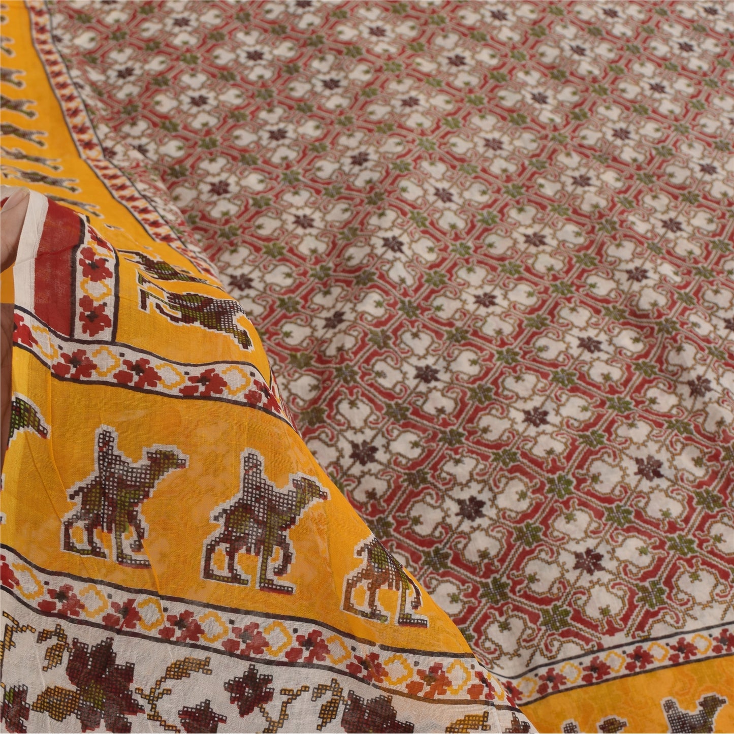 Sanskriti Vintage Sarees Red Animal Printed Pure Cotton Sari 5yd Craft Sustainable Fabric