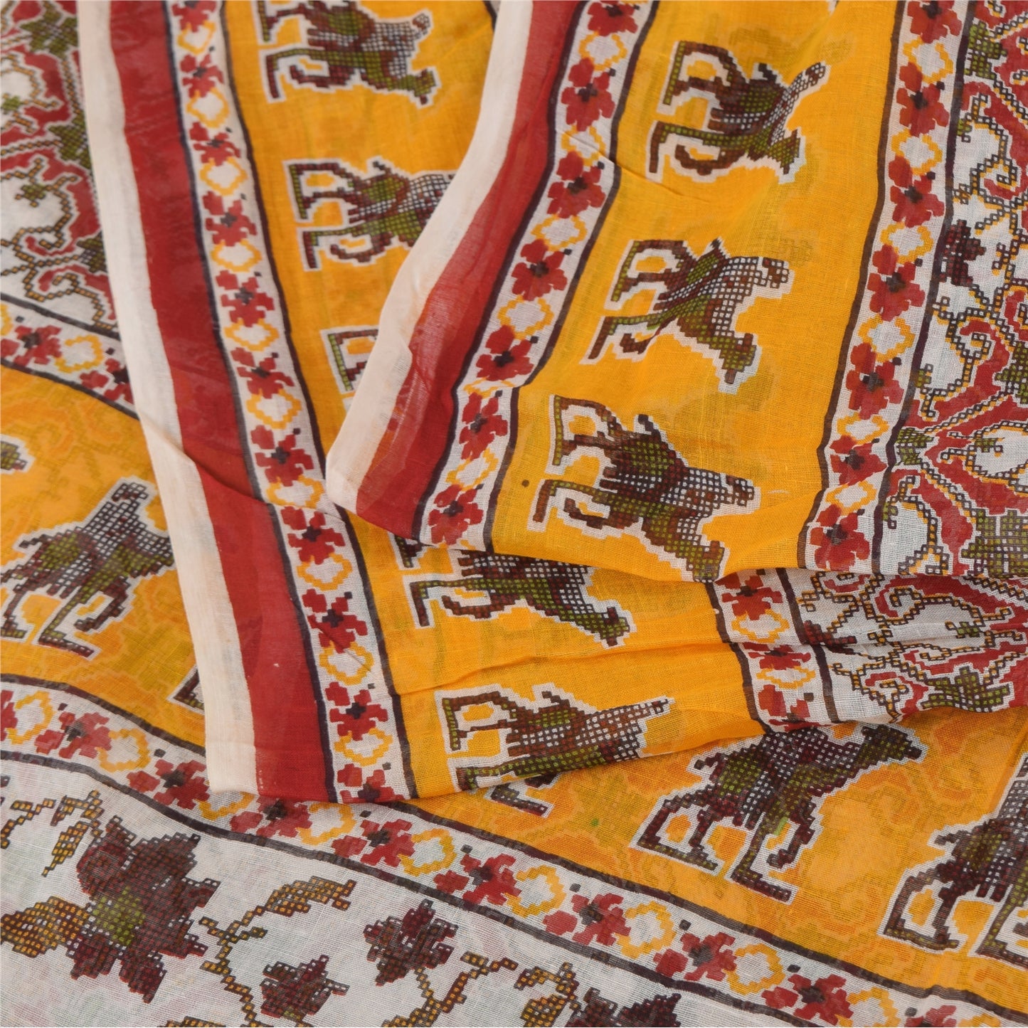 Sanskriti Vintage Sarees Red Animal Printed Pure Cotton Sari 5yd Craft Sustainable Fabric