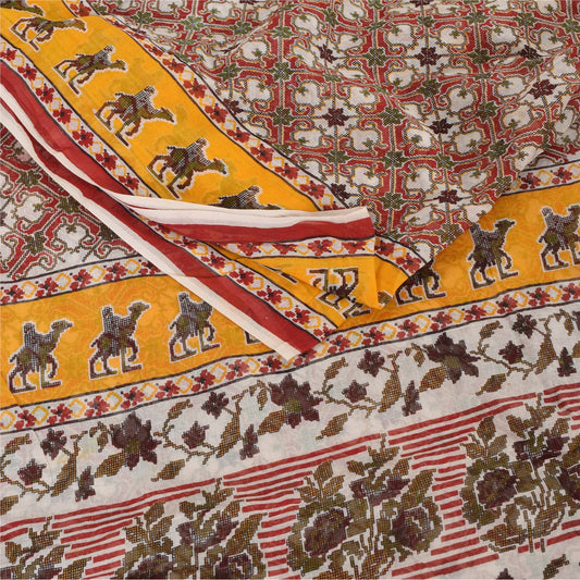 Sanskriti Vintage Sarees Red Animal Printed Pure Cotton Sari 5yd Craft Sustainable Fabric