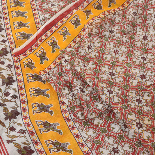 Sanskriti Vintage Sarees Red Animal Printed Pure Cotton Sari 5yd Craft Sustainable Fabric