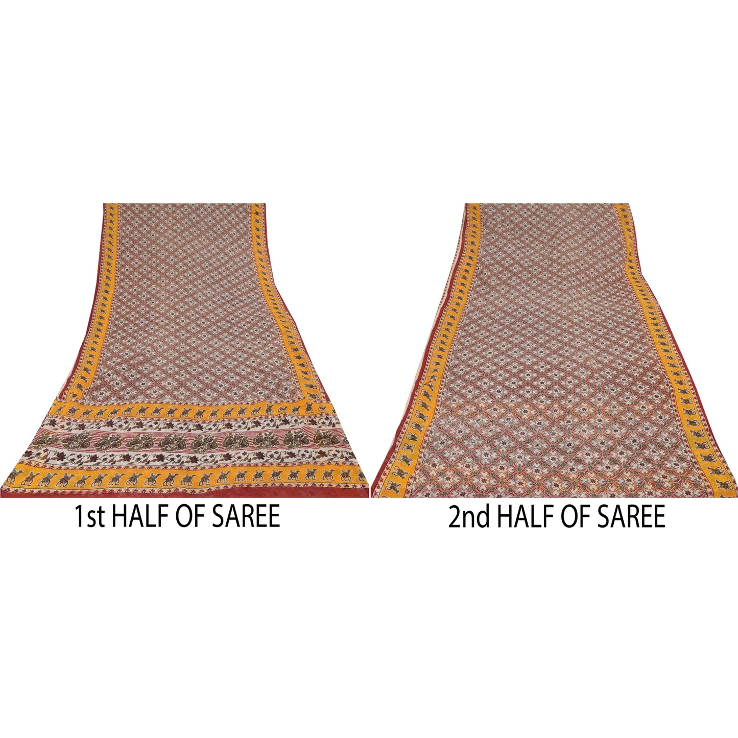 Sanskriti Vintage Sarees Red Animal Printed Pure Cotton Sari 5yd Craft Sustainable Fabric