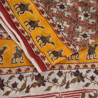 Sanskriti Vintage Sarees Red Animal Printed Pure Cotton Sari 5yd Craft Sustainable Fabric