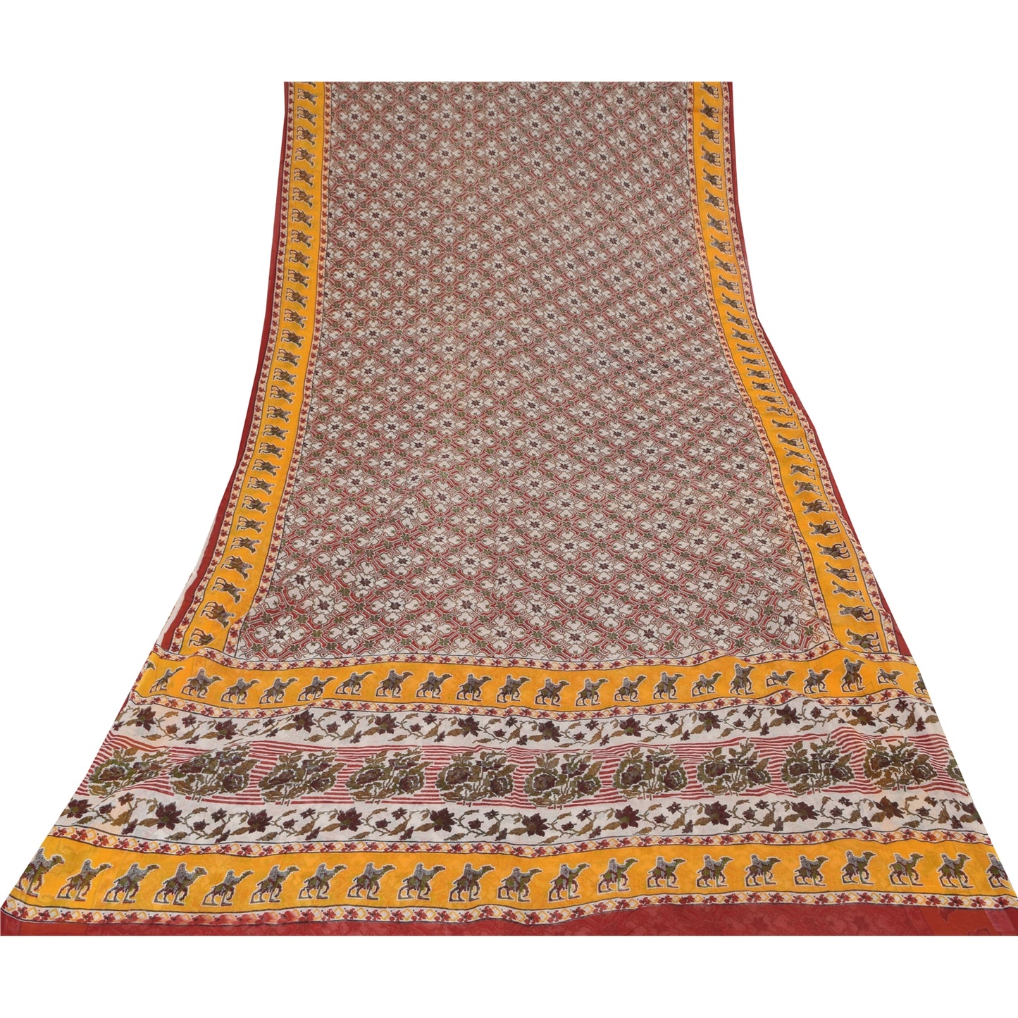 Sanskriti Vintage Sarees Red Animal Printed Pure Cotton Sari 5yd Craft Sustainable Fabric