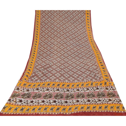 Sanskriti Vintage Sarees Red Animal Printed Pure Cotton Sari 5yd Craft Sustainable Fabric