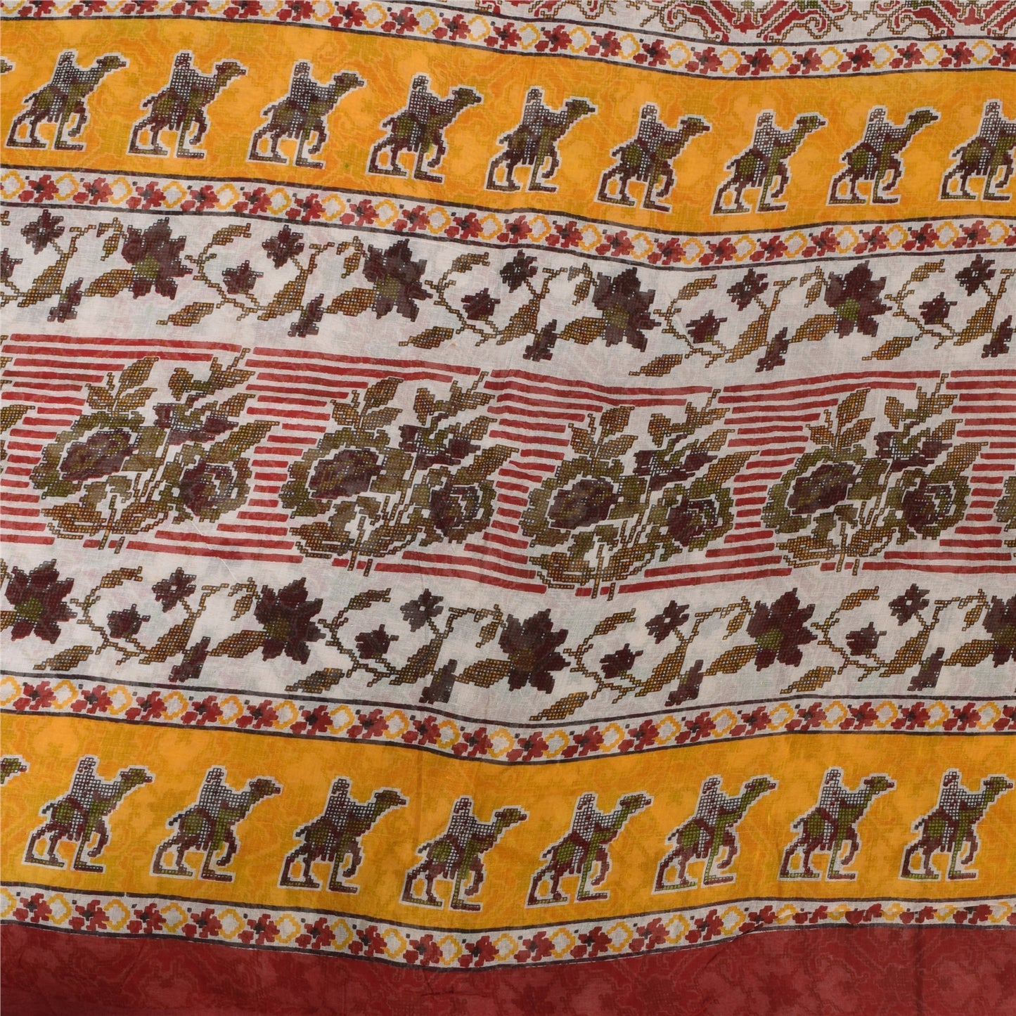 Sanskriti Vintage Sarees Red Animal Printed Pure Cotton Sari 5yd Craft Sustainable Fabric