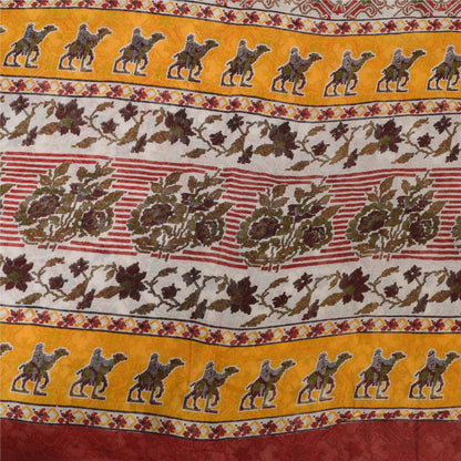 Sanskriti Vintage Sarees Red Animal Printed Pure Cotton Sari 5yd Craft Sustainable Fabric