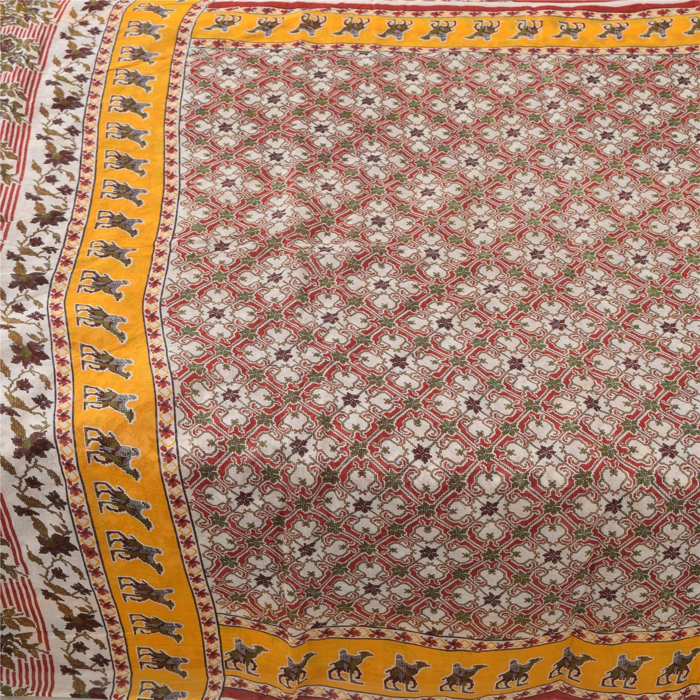 Sanskriti Vintage Sarees Red Animal Printed Pure Cotton Sari 5yd Craft Sustainable Fabric