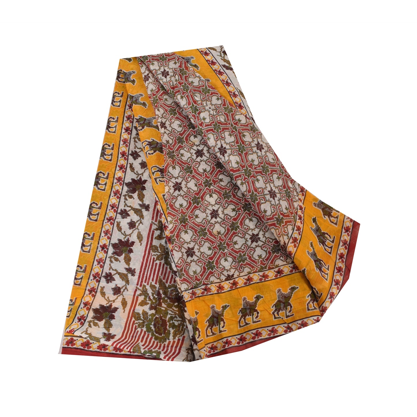 Sanskriti Vintage Sarees Red Animal Printed Pure Cotton Sari 5yd Craft Sustainable Fabric