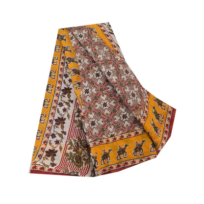 Sanskriti Vintage Sarees Red Animal Printed Pure Cotton Sari 5yd Craft Sustainable Fabric