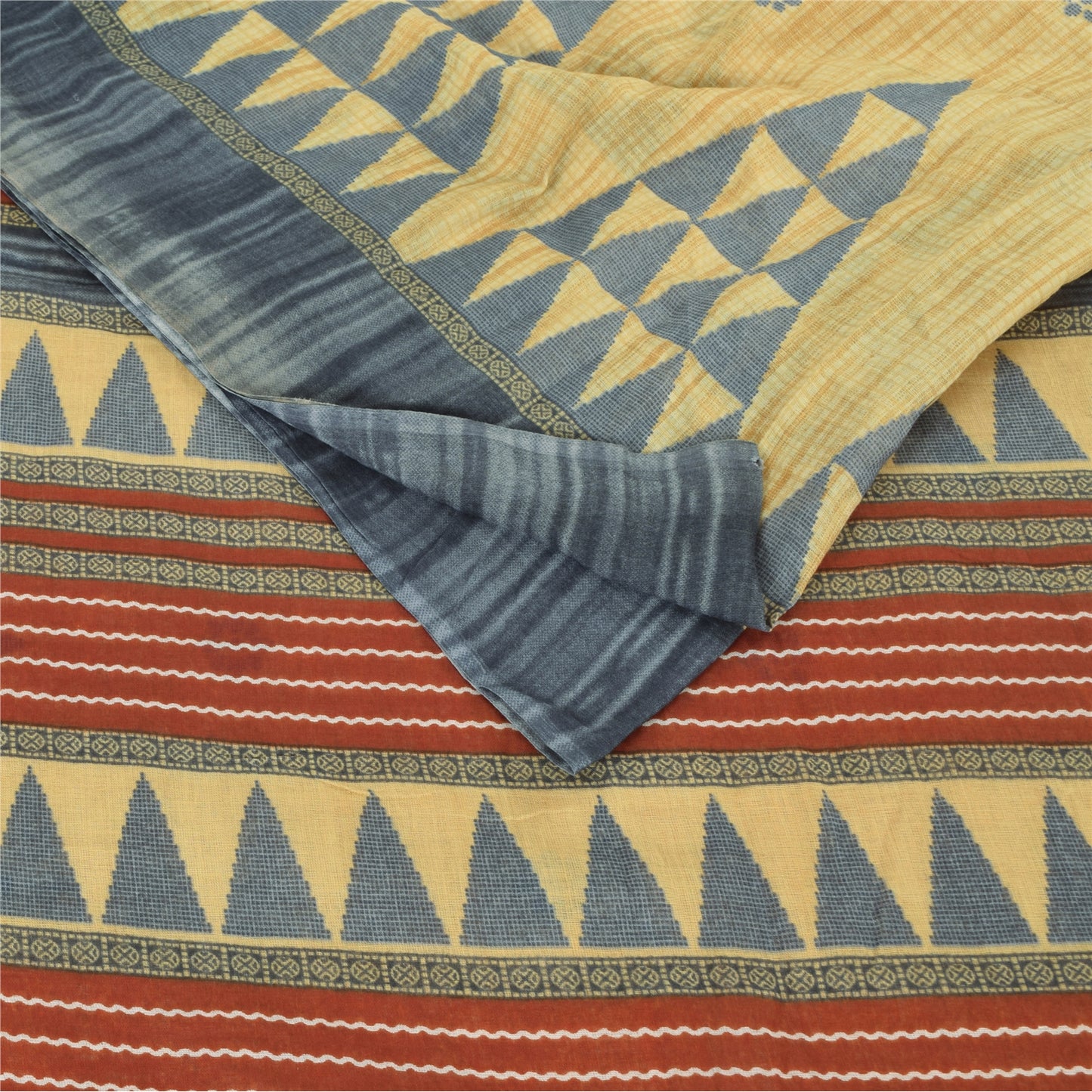 Sanskriti Vintage Sarees Pale Yellow Pure Cotton Printed Sari 5yd Craft Sustainable Fabric