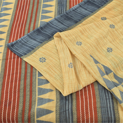 Sanskriti Vintage Sarees Pale Yellow Pure Cotton Printed Sari 5yd Craft Sustainable Fabric