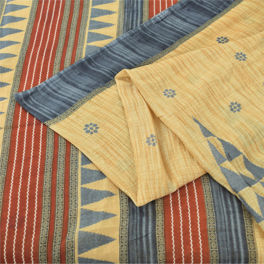 Sanskriti Vintage Sarees Pale Yellow Pure Cotton Printed Sari 5yd Craft Sustainable Fabric