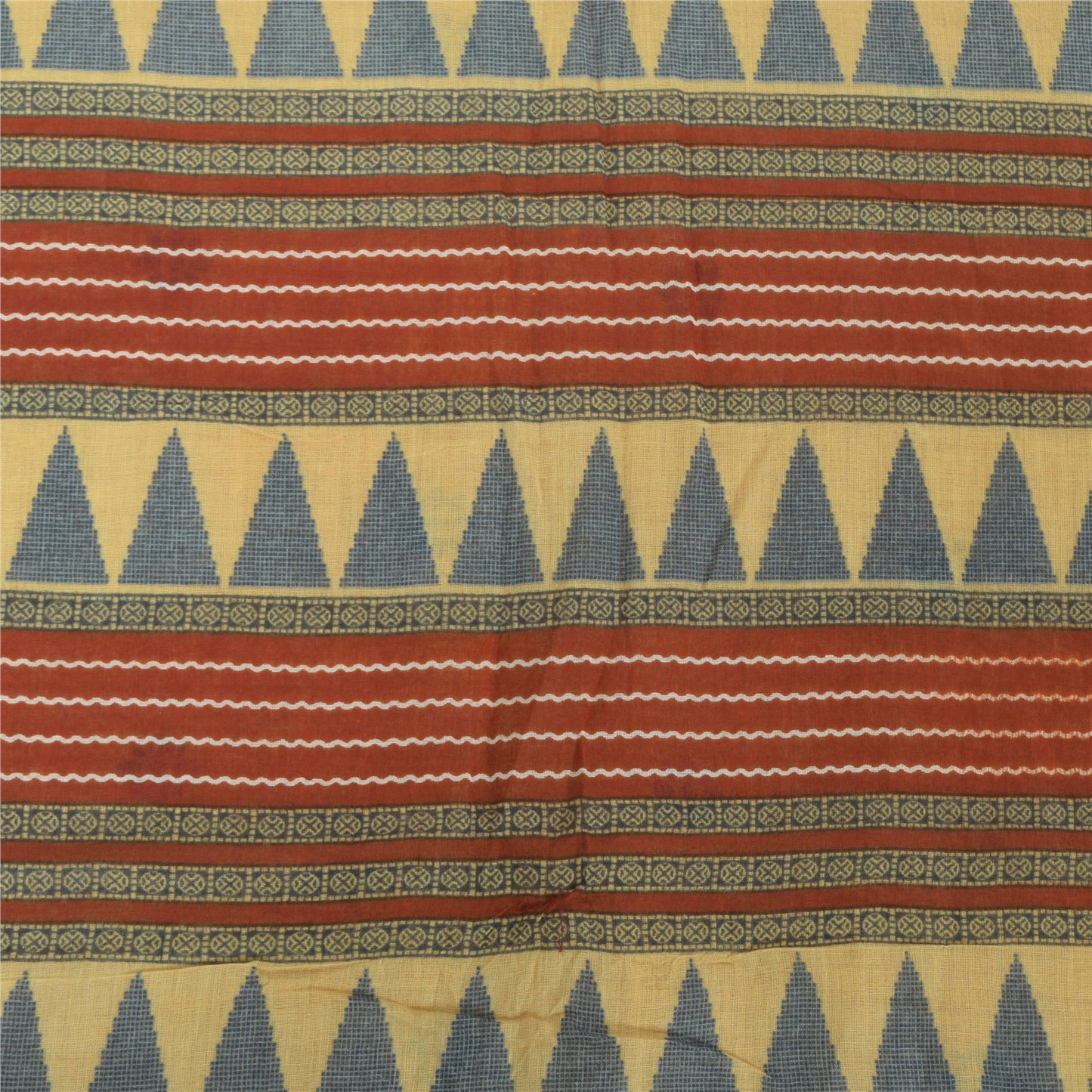 Sanskriti Vintage Sarees Pale Yellow Pure Cotton Printed Sari 5yd Craft Sustainable Fabric