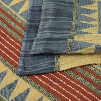 Sanskriti Vintage Sarees Pale Yellow Pure Cotton Printed Sari 5yd Craft Sustainable Fabric