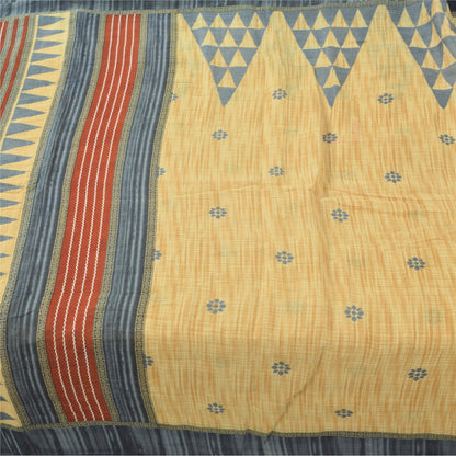 Sanskriti Vintage Sarees Pale Yellow Pure Cotton Printed Sari 5yd Craft Sustainable Fabric